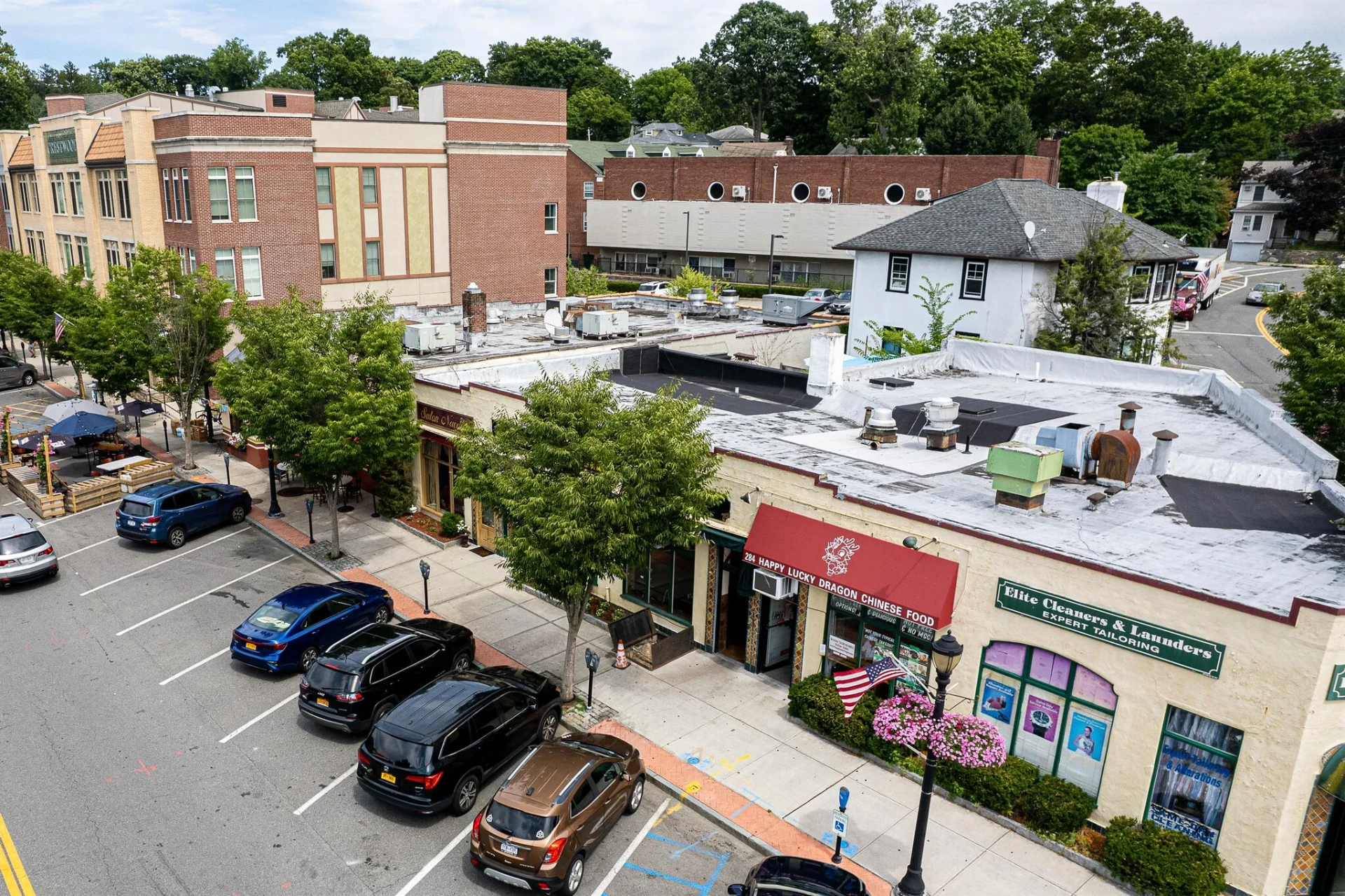 Aerial view of Crestwood Village shops from above Columbus Avenue