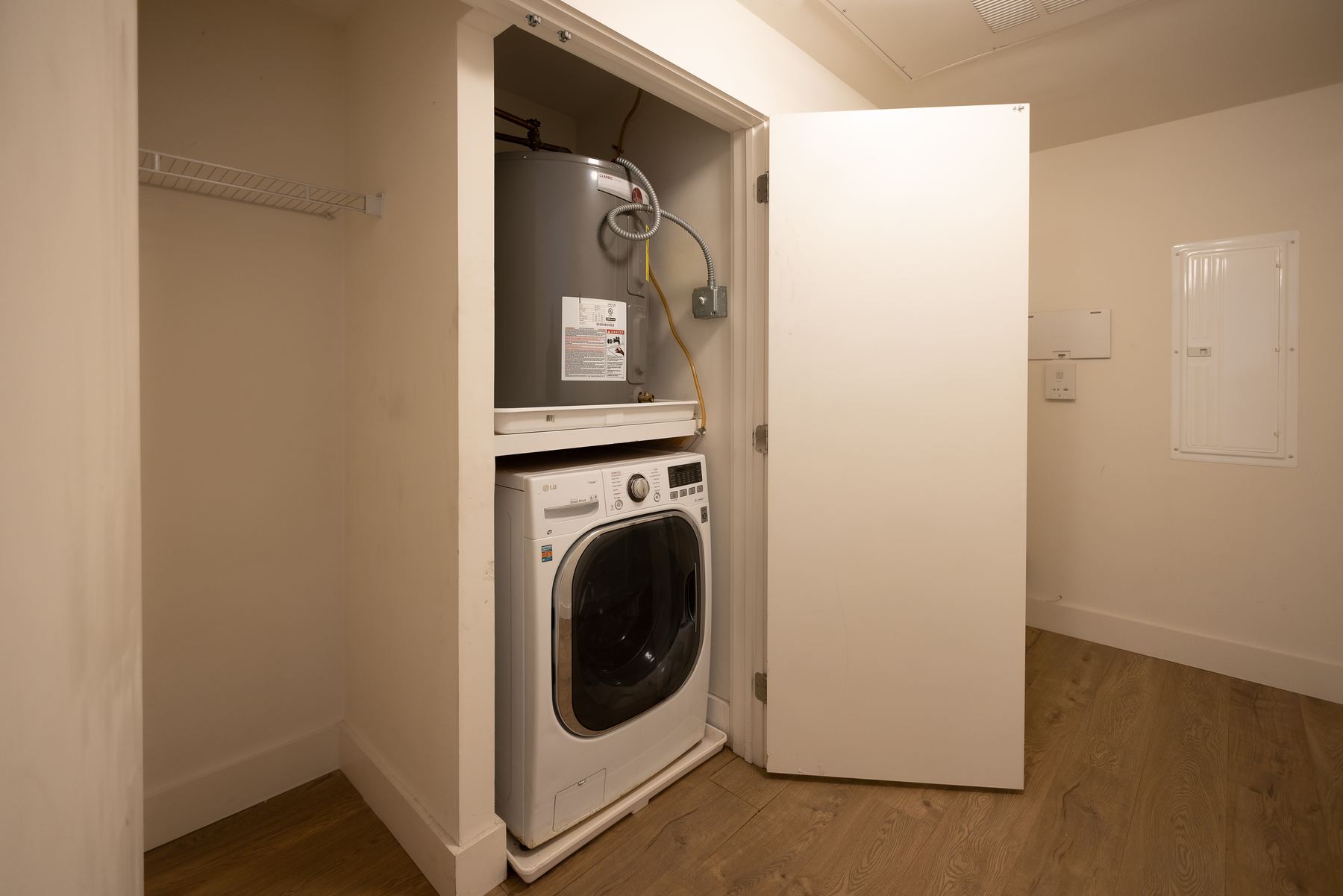 Stainless steel appliances and white stone countertops