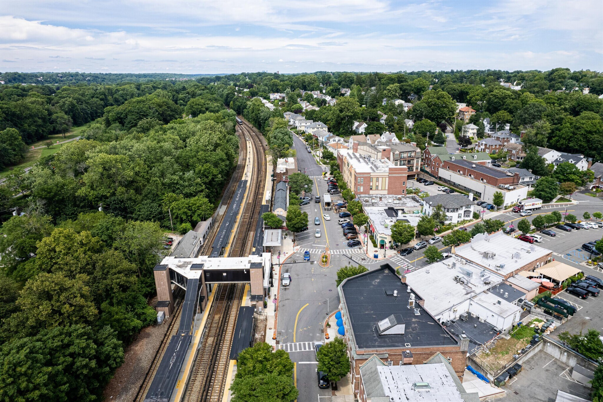 Aerial view of the Crestwood Metro-North station and the village center