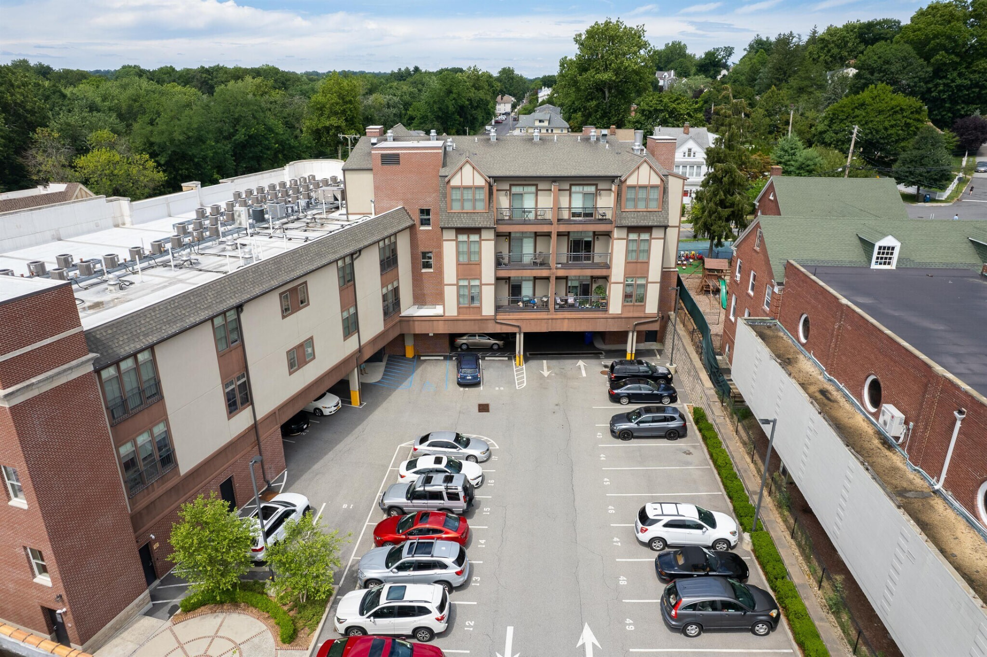 Aerial view of the private resident parking courtyard