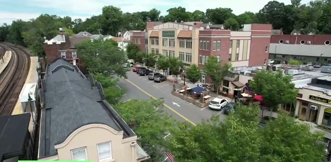 Crestwood streetscape with shops and tree-lined sidewalks